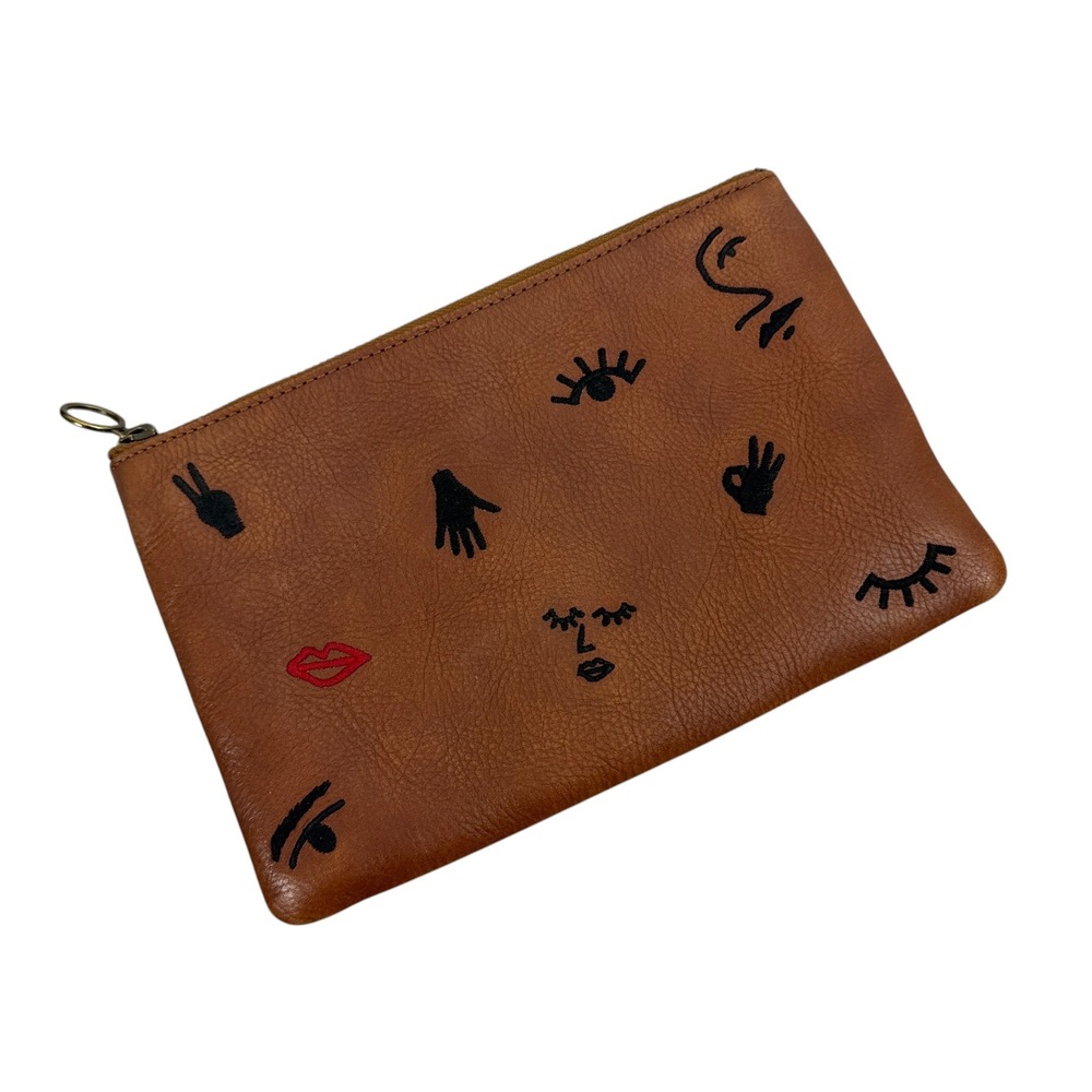 Madewell Pouch Womens OS Brown Leather Embroidered Face Hand Icons Zip Clutch